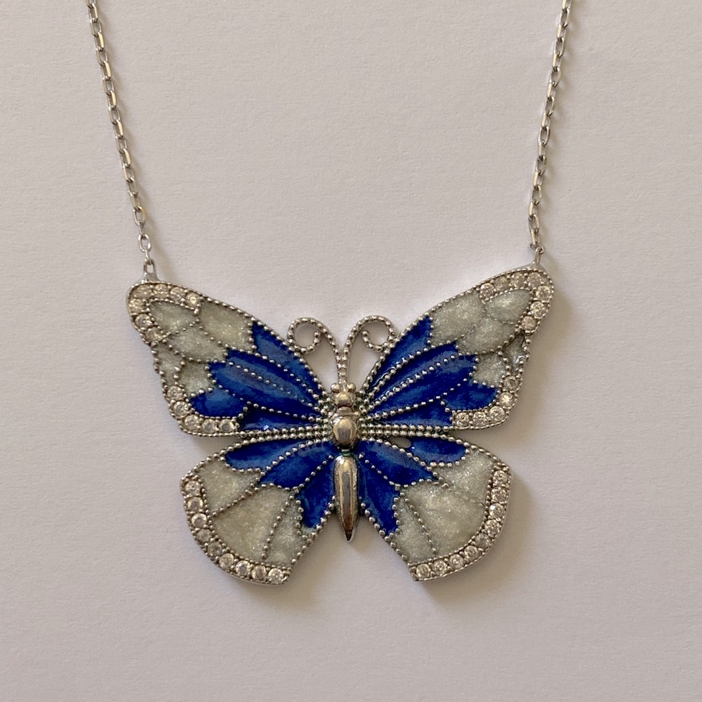 925 Silver Butterfly Necklace Cz Blue Handmade Enamel